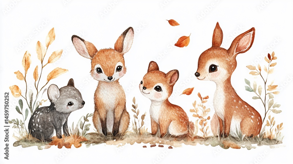 Fototapeta premium Whimsical Watercolor Illustration of Cute Animals and Forest