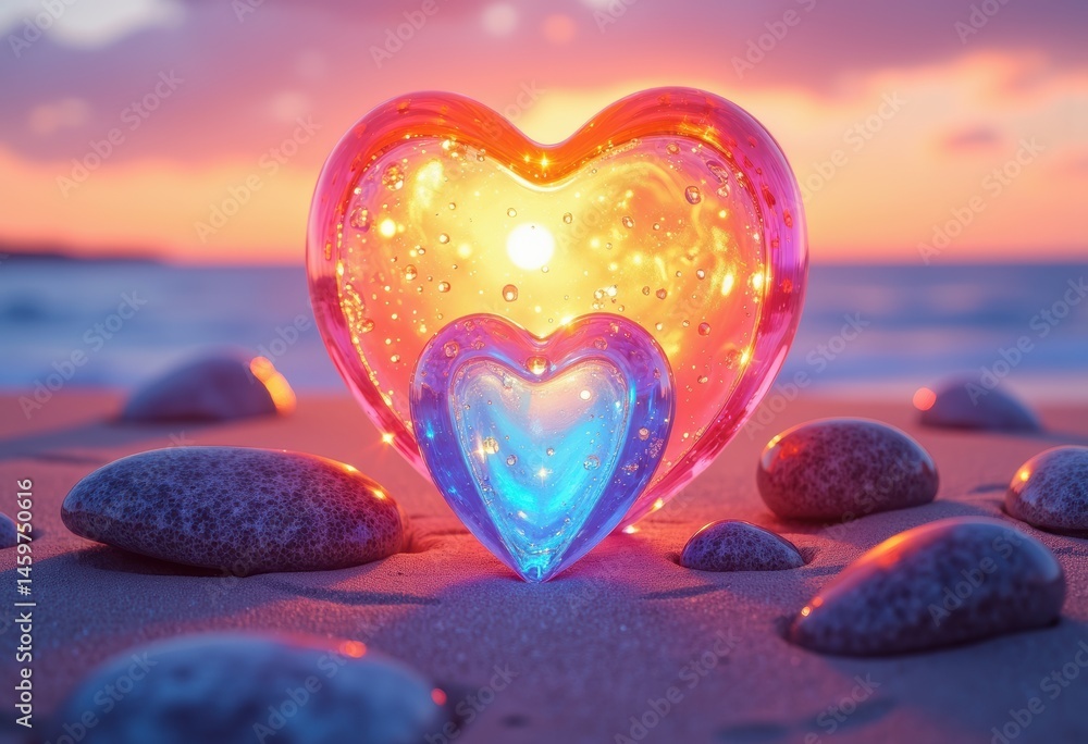 Fototapeta premium Colorful glass hearts reflecting sunlight on a sandy beach at sunset