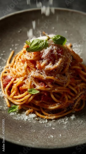 Delicious pasta with fresh tomato sauce and basil leaves being sprinkled with grated cheese on rustic grey plate, tempting food photography.
