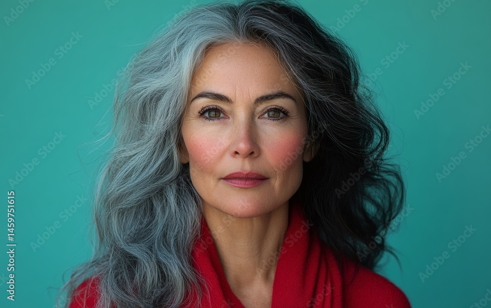 Fototapeta premium Professional artistic photography of older woman with dark silver hair in high contrast portrait comparing natural aging and timeless beauty 