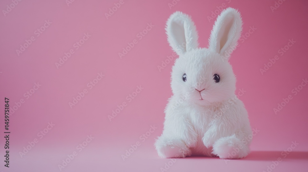 White plush bunny toy sitting against a soft pink background, a delightful spring vibe White plush bunny toy sitting against a soft pink background, a delightful spring vibe