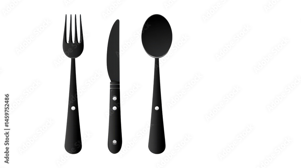 Fototapeta premium Elegant Cutlery: A set of modern and stylish matte black cutlery, including a fork, knife, and spoon. Perfect for adding a touch of sophistication to your table setting.