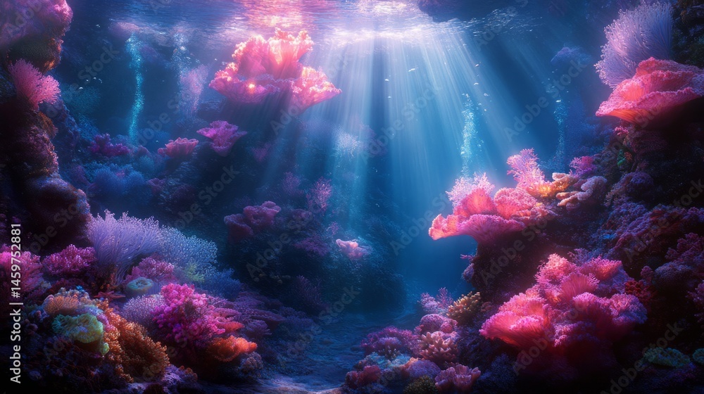 Fototapeta premium Vibrant Pink And Blue Coral Reef Undersea Scene