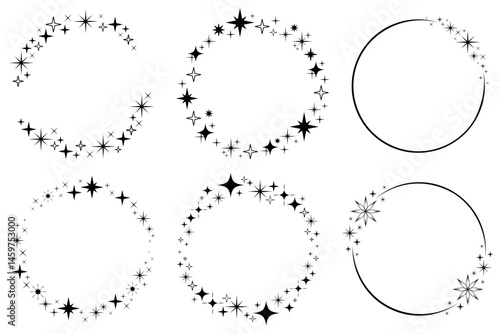 Twinkle stars frames set. Vector graphic circle frame with twinkle stars, Shiny sparkle circle banner collection, Wreaths for design, logo template. Stardust, starry sky, cosmic glitter shine.