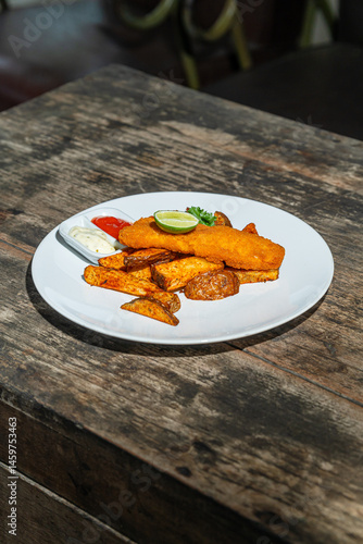 Deep fried fishs and chips, served with remoulade (sauce, mustard, herbs) on white plate. Isolated by wooden table. Food Photography