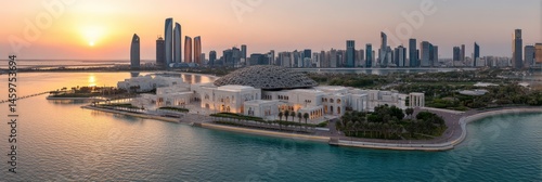Aerial View of Abu Dhabi Skyline Featuring Louvre Museum at Sunset - UAE City Landscape