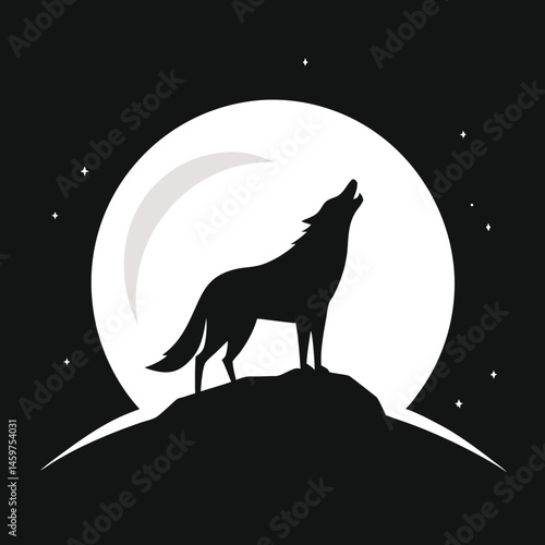 Silhouette of a Howling Wolf Minimalist Design Black and White