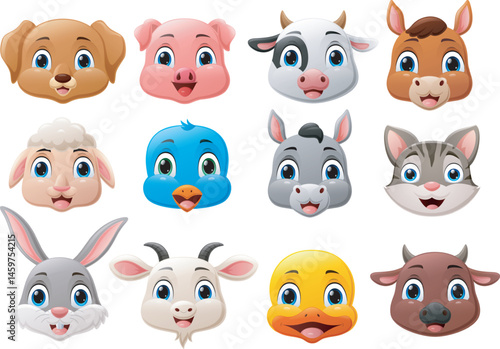 Cute farm animal head. cartoon set collection