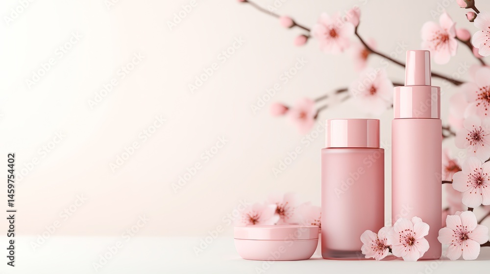 Elegant cosmetic bottles in soft pink tones are beautifully arranged with delicate cherry blossom flowers, ideal for beauty product advertisements, skincare promotions, or wellness branding, Elegant cosmetic bottles in soft pink tones are beautifully arranged with delicate cherry blossom flowers, ideal for beauty product advertisements, skincare promotions, or wellness branding,