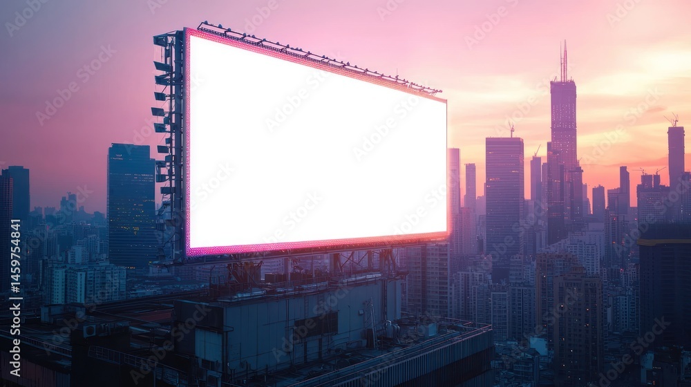 Obraz premium Blank Billboard at Sunset Over City Skyline: Advertising Opportunity