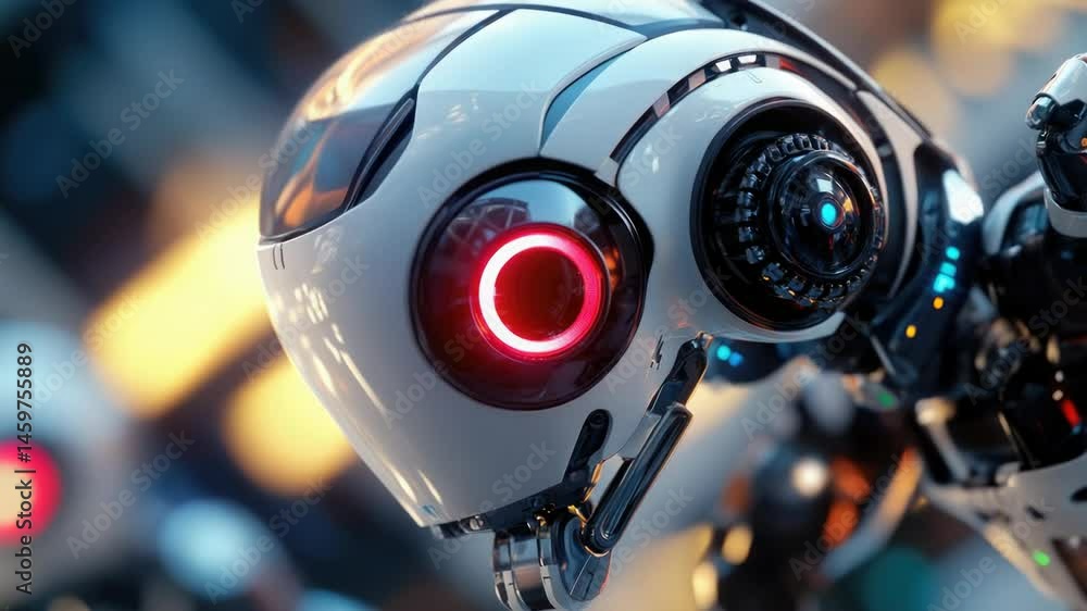 A close-up shot of a robot's head with a red light on its face A close-up shot of a robot's head with a red light on its face