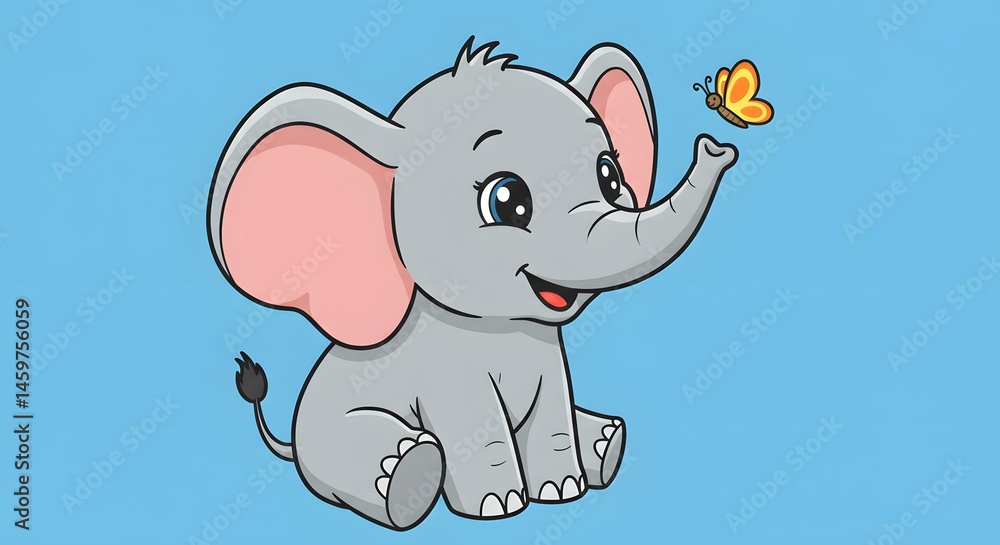 AI image of an adorable baby elephant sitting, smiling happily as a yellow butterfly flutters near its raised trunk. AI image of an adorable baby elephant sitting, smiling happily as a yellow butterfly flutters near its raised trunk.