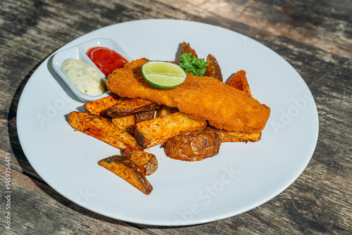 Deep fried fishs and chips, served with remoulade (sauce, mustard, herbs) on white plate. Isolated by wooden table. Food Photography