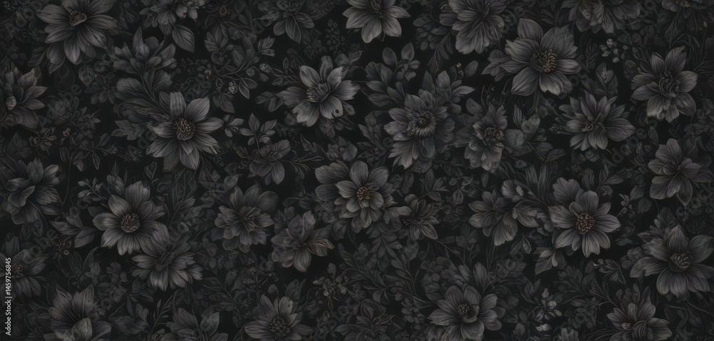 Fototapeta premium Intricate small charcoal floral wallpaper, seamless dark pattern, wall, design, botanical