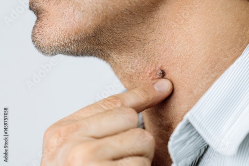 Closeup of Man Pointing to Sebaceous Cysts on Neck, Highlighting Care for Dermatitis and Biopsy Procedures