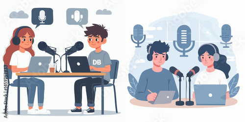 male and female teenagers are podcasting with microphone and laptop style vector flat design