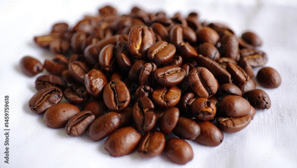 Fototapeta premium A pile of coffee beans on a white surface.