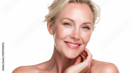 Portrait of smiling blonde mature woman with perfect skin on white background, showcasing beauty and anti-aging skincare
