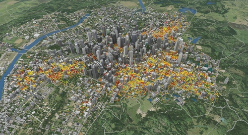Aerial View of Cityscape with Color-Coded Data Overlay