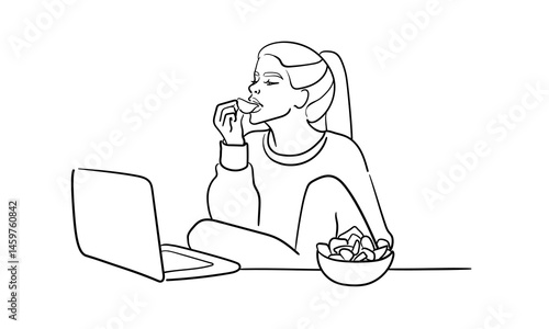 Girl eating chips and watching laptop line art, isolated on white background. Relaxing at home, watching movies. Vector illustration