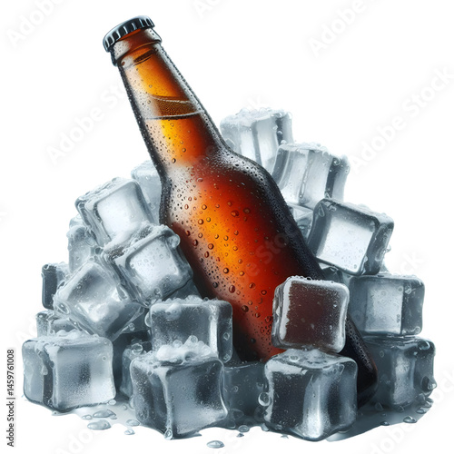 Cold brown bottle of beer in pile ice cubes isolated on white background