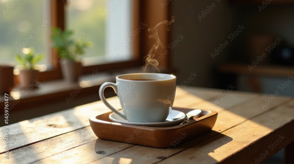 A steaming cup of coffee sits on a wooden tray, bathed in warm sunlight filtering through a nearby window, creating a serene and inviting atmosphere A steaming cup of coffee sits on a wooden tray, bathed in warm sunlight filtering through a nearby window, creating a serene and inviting atmosphere