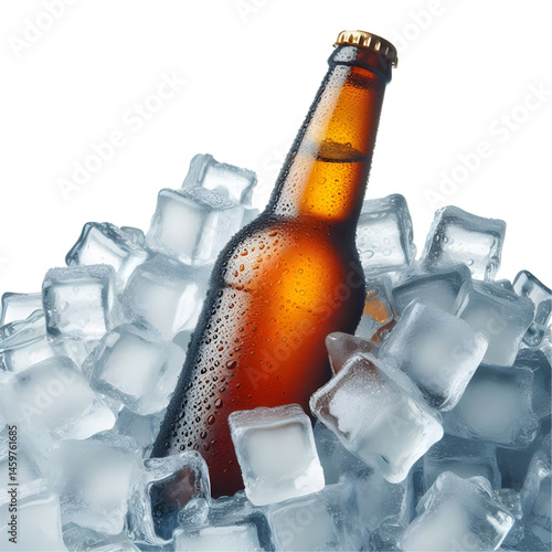 Cold brown bottle of beer in pile ice cubes isolated on white background