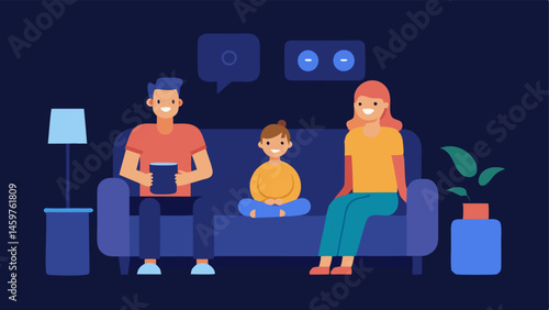 Home Entertainment A family sitting on a couch enjoying a movie night with a smart speaker next to the TV while one person asks the assistant to pause.