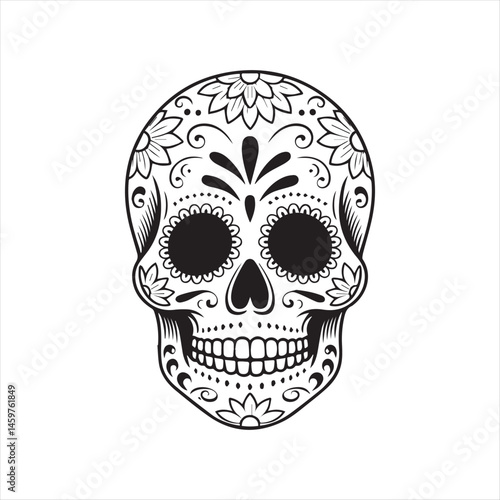 Sugar Skull Vector Illustration with Floral Design,Day of the Dead Skull Outline Art,Decorative Skull Drawing with Floral Patterns,Mexican Sugar Skull Line Art,Black and White Sugar Skull Vector