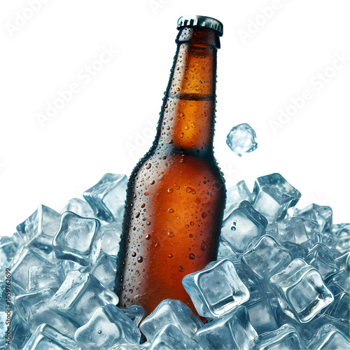 Cold brown bottle of beer in pile ice cubes isolated on white background
