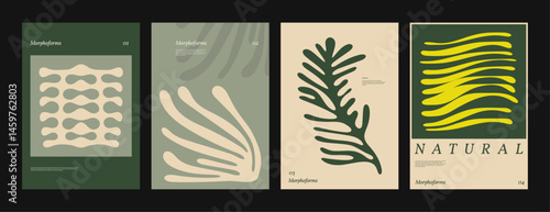 Set of abstract posters featuring hand-drawn organic forms and elegant typography. Natural, fluid shapes with a minimal aesthetic. Ideal for wall art and creative projects.