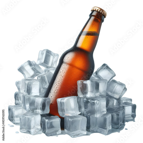 Cold brown bottle of beer in pile ice cubes isolated on white background