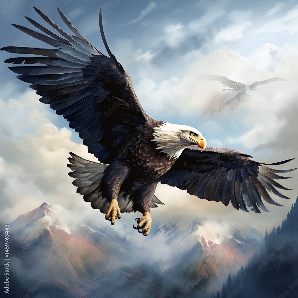 Obraz premium Majestic bald eagle soars through atmospheric skies, embodying freedom and strength