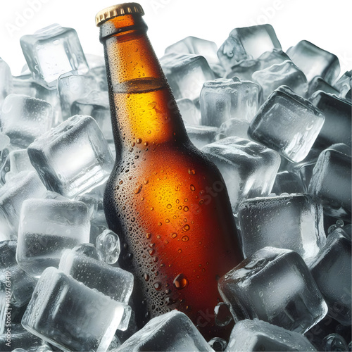Cold brown bottle of beer in pile ice cubes isolated on white background