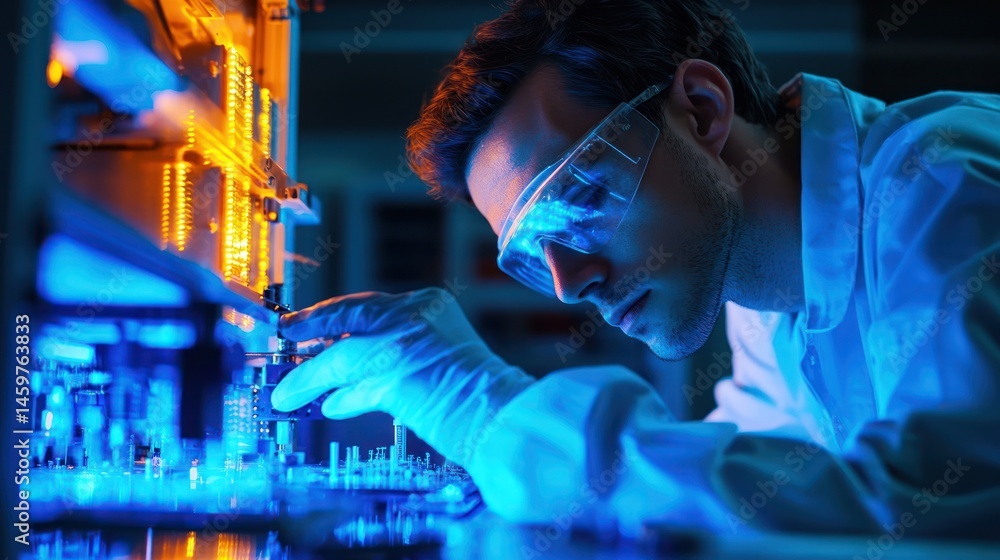sentient microelectronics engineer designing nano-circuits, glowing semiconductor data streams, futuristic electronic fabrication lab sentient microelectronics engineer designing nano-circuits, glowing semiconductor data streams, futuristic electronic fabrication lab