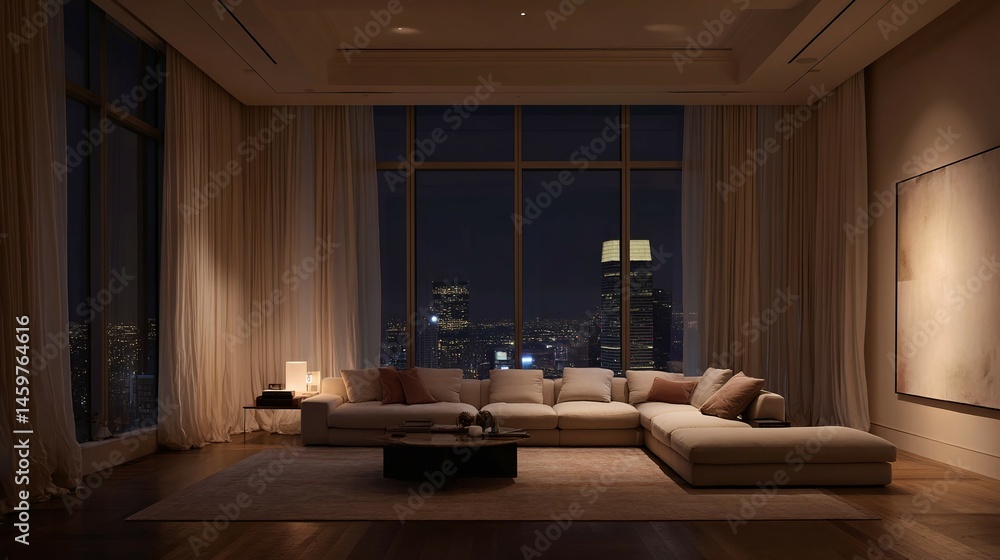 Fototapeta premium Living room with large window overlooking city at night warm lighting.