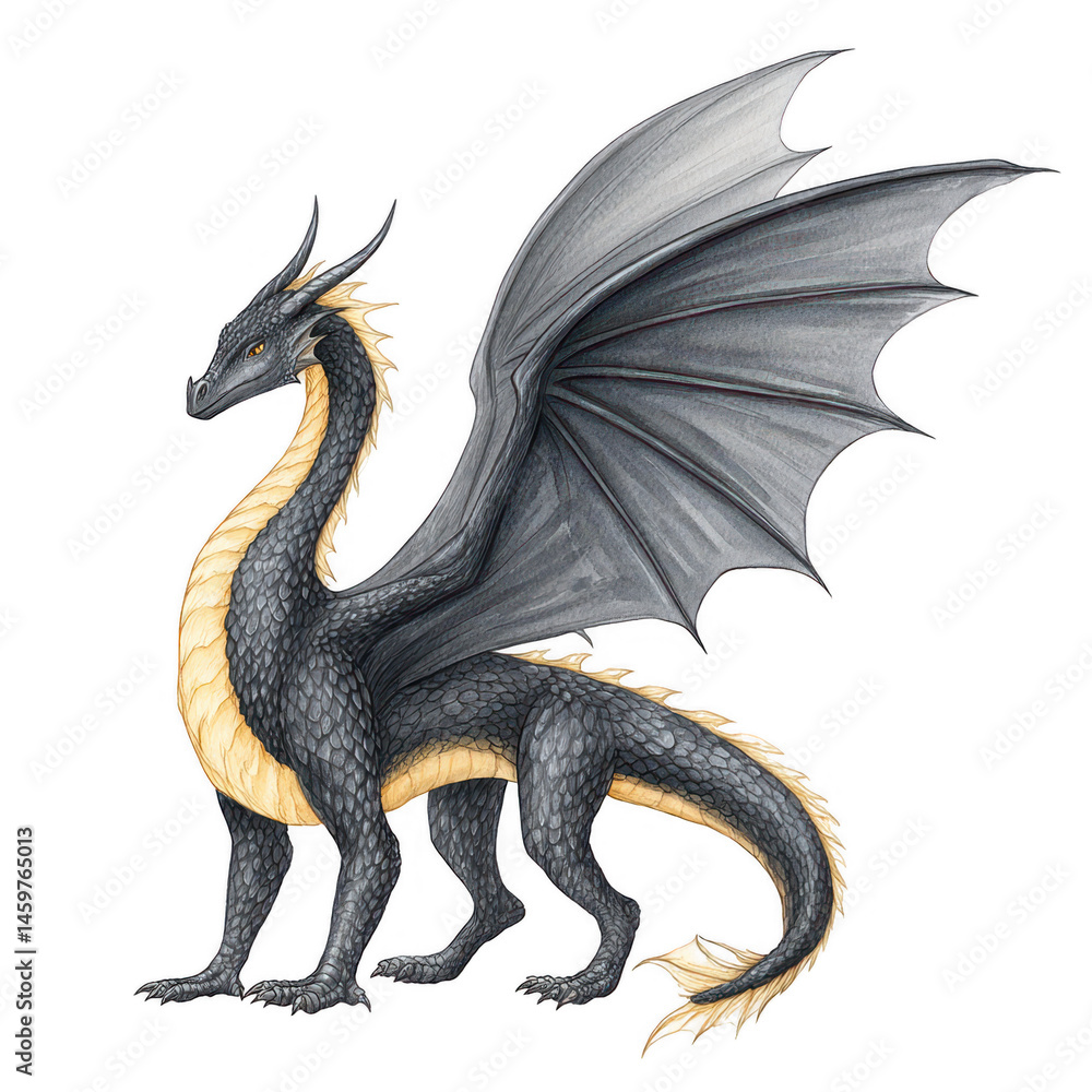 Obraz premium A black dragon with yellow accents is depicted against a white background.