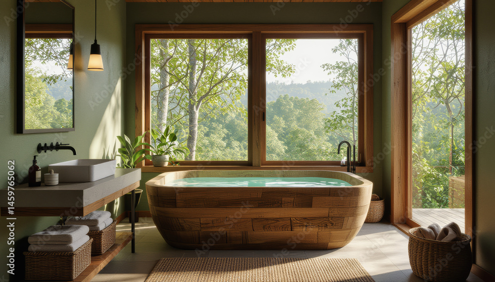 Fototapeta premium This interior rendering showcases a serene bathroom featuring a wooden tub, sleek fixtures, and expansive windows overlooking a lush, forested landscape.