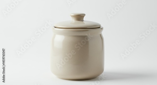 Beige ceramic canister with lid against white background