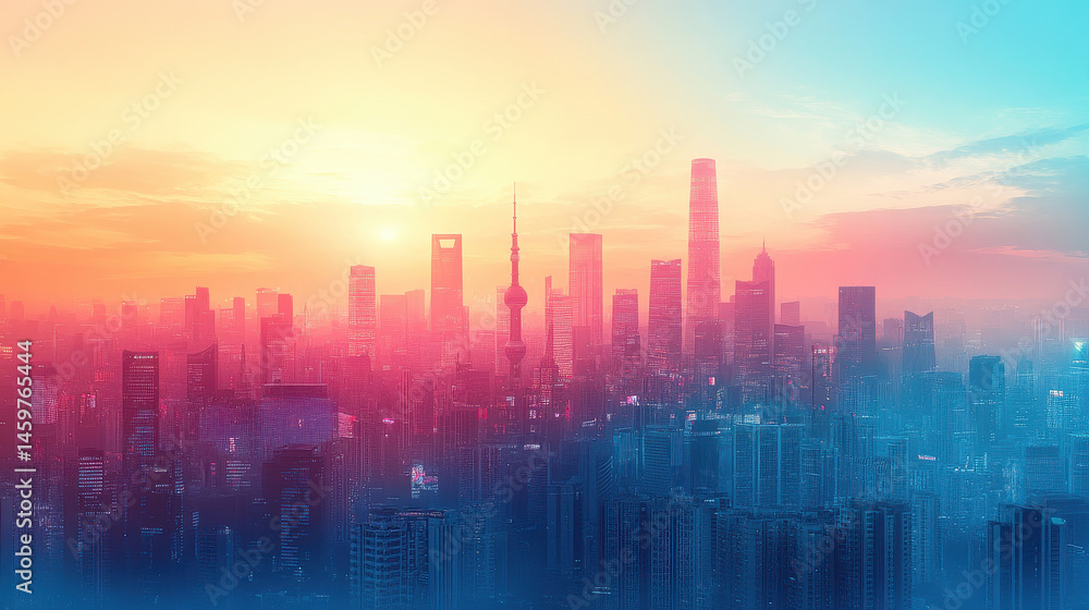 Vibrant City Skyline at Sunrise with Pink and Blue Hues Vibrant City Skyline at Sunrise with Pink and Blue Hues