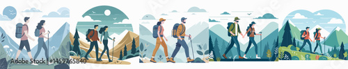 man and woman are hiking together in the hills style vector flat design