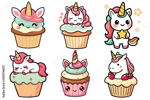 Cute kawaii unicorn cupcakes in pastel, vector illustration, perfect for children's parties