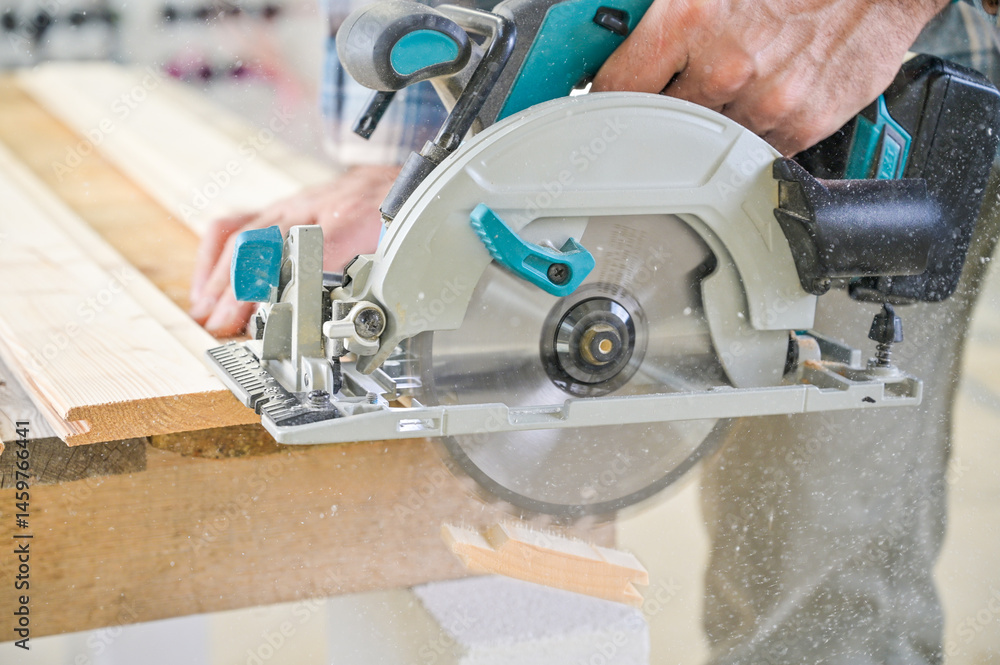 A skilled craftsman operates a circular saw on a wooden plank, showcasing precision and craftsmanship in a well-lit workshop environment, highlighting woodworking techniques