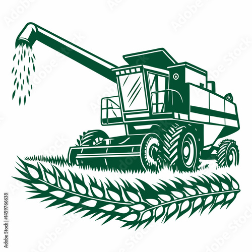 Agricultural combine harvester harvesting wheat in green illustration  