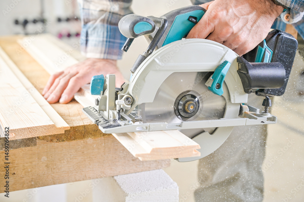 A skilled craftsman operates a circular saw on a wooden plank, showcasing precision and craftsmanship in a well-lit workshop environment, highlighting woodworking techniques