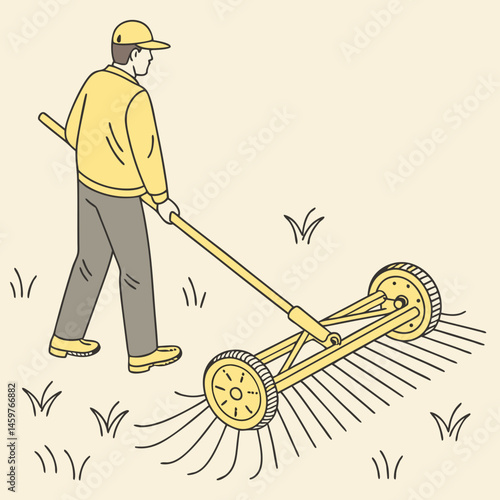 Yellow rotary rake with tines and drum. Man raking grass with a tool against a light background  
