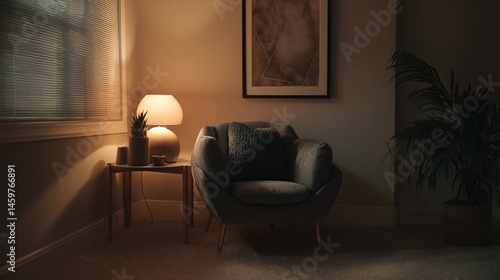 Wallpaper Mural Cozy room with armchair lamp table plant and artwork in warm light. Torontodigital.ca