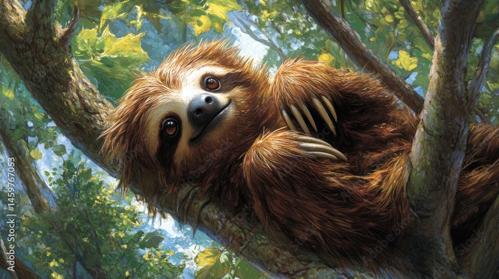 Fototapeta premium Adorable sloth resting on a tree branch in a lush forest.
