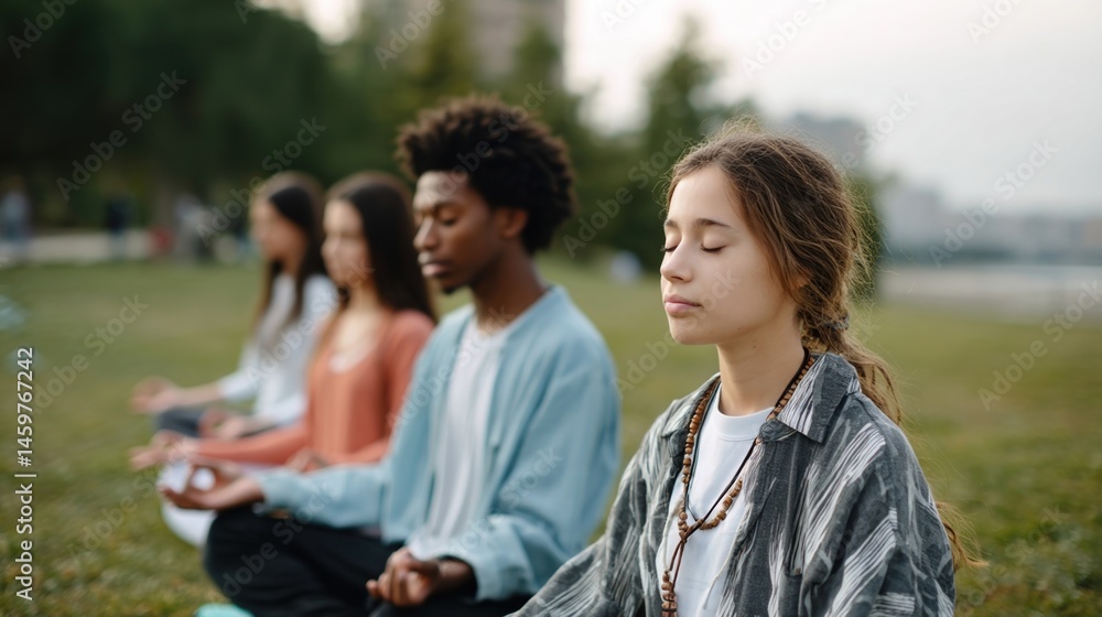 A serene park scene where young people practice yoga and meditation together highlighting the importance of wellness and mindfulness in youth culture.