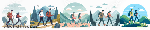man and woman are hiking together in the hills style vector flat design
